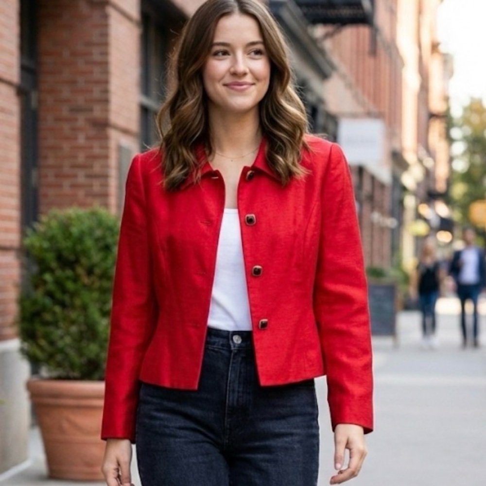 Silk 100% vintage red jacket size 10 petite by Donna Morgan‎ Y2K